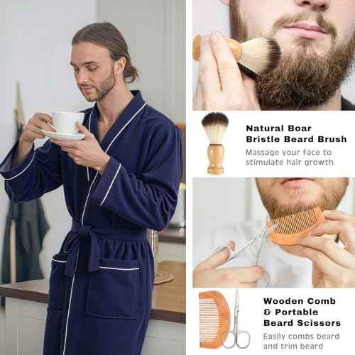10 Pcs Birthday Gifts Baskets for Men Get Well Soon Gifts Beard Care Set for Him with Bathrobe, Wallet, Makeup Bag, Belt, Bracelet, Beard Comb & Brush Set for Dad Boyfriend Husband(Blue)