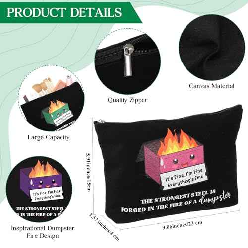 Reginary 6 Pcs Emotional Support Dumpster Fire Cosmetic Bag Gift Team Employee Appreciation Gift Bulk Funny Makeup Bag Canvas Pouch for Coworker Staff Volunteer Teacher Nurse, 6 Style(Black)