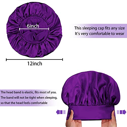 4Pcs Silk Satin Bonnets for Sleeping - Elastic Wide Band Wrap for Black Women Men,Silk Bonnets for Curly Hair,Large Hair Cap for Sleeping (Black+Wine Red+Purple+Brown)