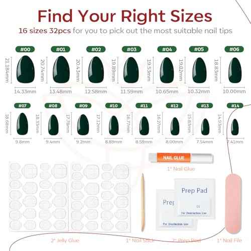 Modelones Dark Green Press on Nails Almond, Christmas Short Almond Fake Nails, Reusable Nail Kit with Nail Glue Adhesive Tabs Mini Nail File, Nails Press Ons 32Pcs 16 Sizes