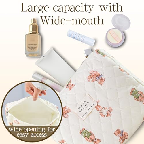 3Pcs Quilted Makeup Bag for Women, Large Travel Makeup Bag Set, Cute Aesthetic Cosmetic Bags, Floral Cotton Makeup Pouch Coquette Toiletry Organizer Bag