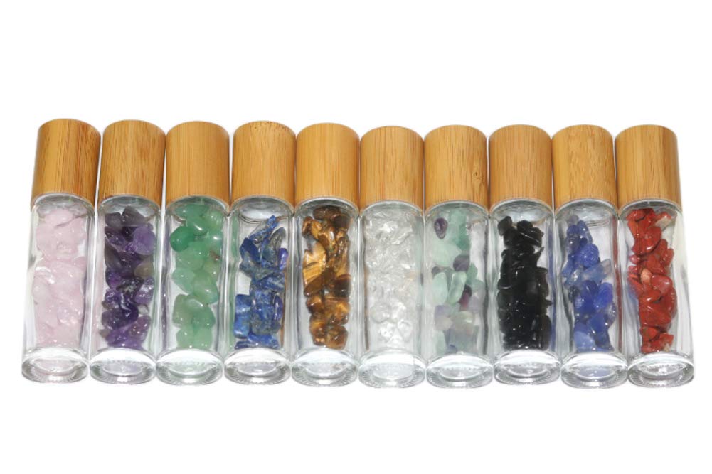 Wresty 10ml Roll On Bottle With Gemstone Rollerball&Crystal Chips Inside,10 Packs Glass Roller Bottles Essential Oil Sample Bottles(Bamboo Lids)