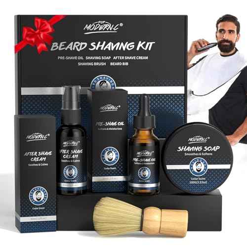 5Pcs Shaving Kit for Men Gift Set Includes Shaving Soap Butter Beard Bib Apron Pre Shave Oil After Shave Lotion Cream Shaving Brushes Mens Shave Christmas Birthday Day Fathers Day Stocking Stuffers