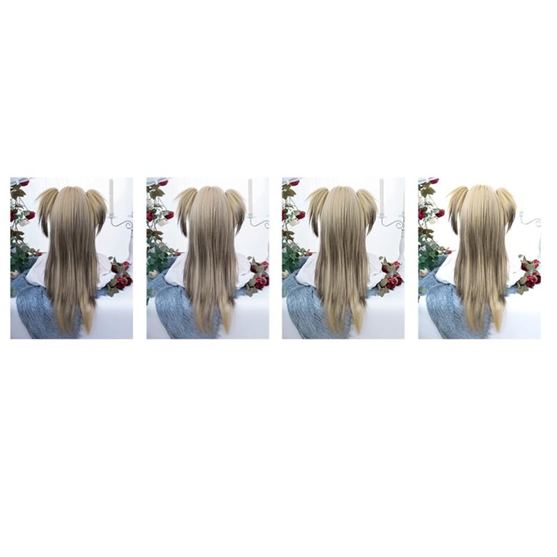 VVRPWASSLY Women Linen Highlights Coffee Wig Clip on Pigtails Long Straight Hair with Bangs Synthetic Wig for Daily Party