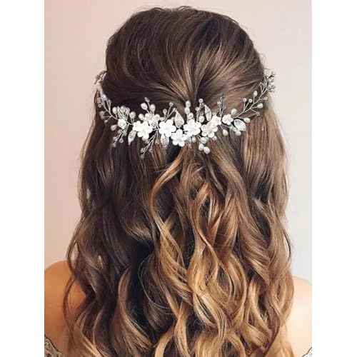 Flower Bride Wedding Hair Vine Silver Pearl Hair Pieces Bridal Headbands Hair Accessories for Women and Girls