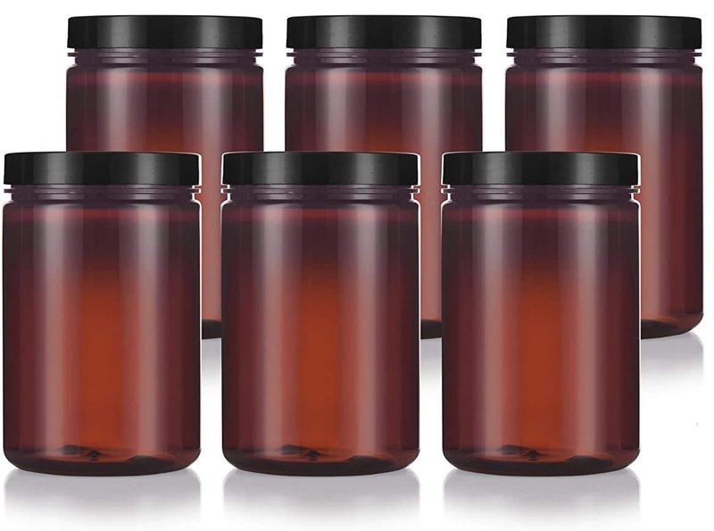 (6 pack) 25 oz Amber PET Plastic Refillable Jar with Black Smooth Foam Lined Lid