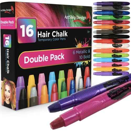 Hair Chalk 16 Color Double Pack with 6 Glitter Colors Temporary Hair Color Pens