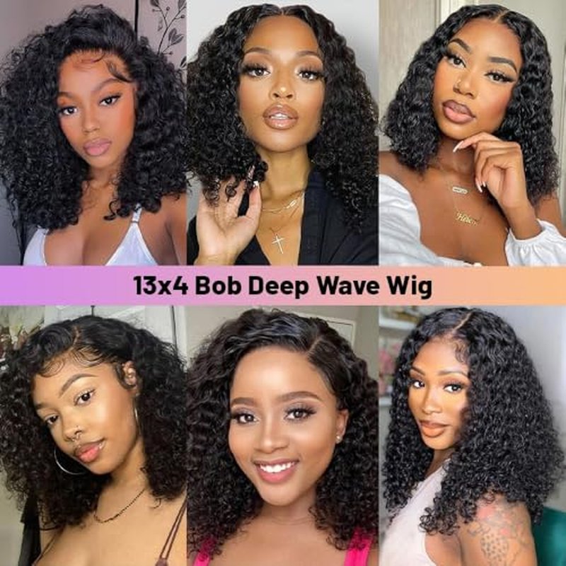 Short Bob Deep Wave Lace Front Wigs Human Hair 13x4 HD Lace Front Wigs Human Hair Pre Plucked Wet and Wavy Wigs for Women 180% Density Deep Curly Hair Wigs with Baby Hair