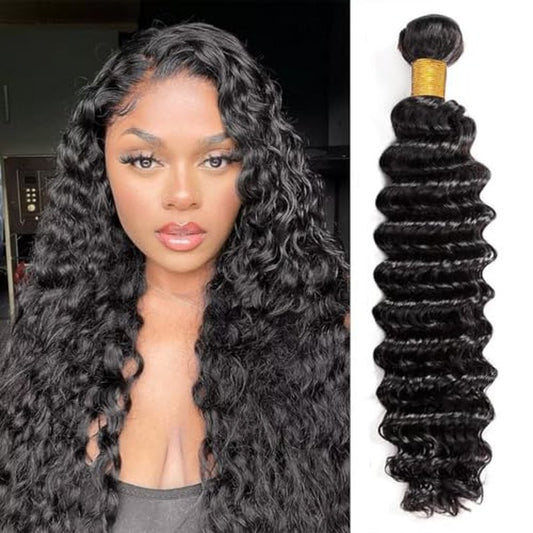 12A Deep Wave Human Hair Bundles 16 Inch Raw Curly Bundles Human Hair 100% Unprocessed 1 Bundles Brazilian Virgin Human Hair Extensions Quick Weave Natural Black Color