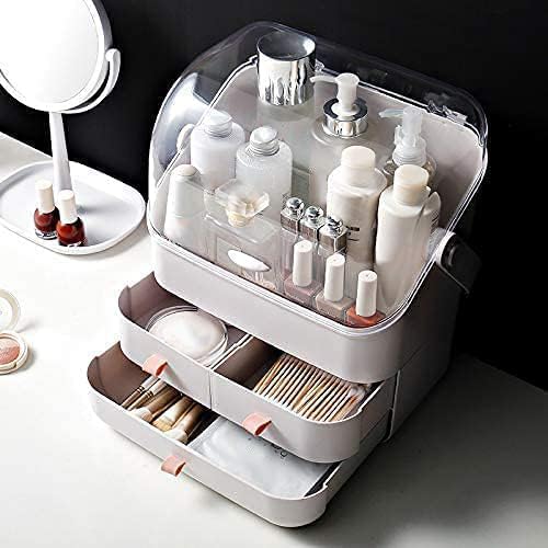 Cosmetic Storage Box - Makeup Organizer with Dust-Free Cover & Portable Handle | Large Display Case with Drawers for Dresser & Bathroom Countertop
