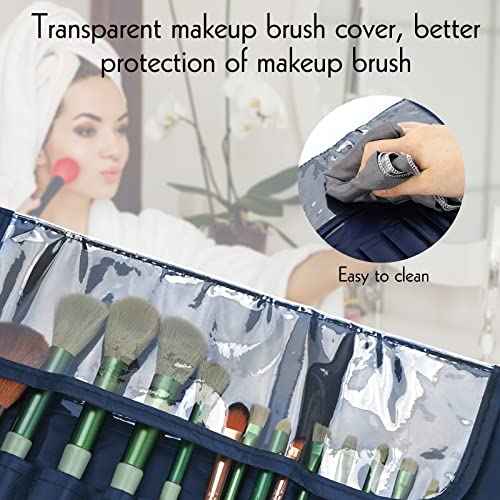 LUEXBOX Portable Folding Makeup Brush Bag, Multifunctional Cosmetics Rolling Storage Case Makeup Brush Holder for Travel, Makeup Brush Organizer Bag (Dark Blue)