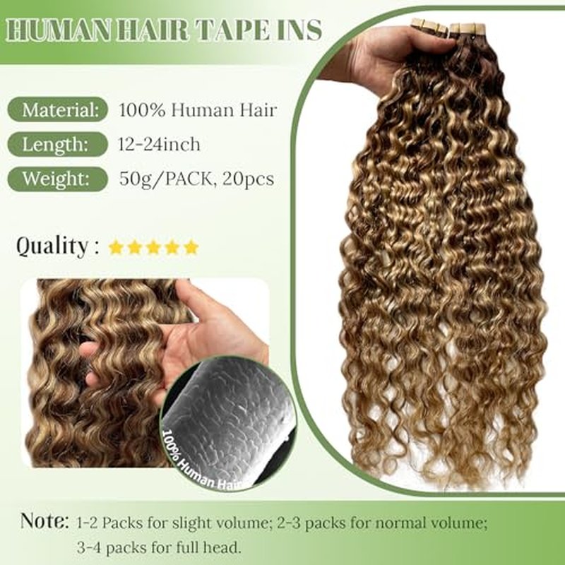 Water Wave Tape in Hair Extensions Strawberry Blonde Ombre Remy Thick Tape ins Human Hair Extensions Seamless Invisible Double Sided Skin Weft Curly Wavy Tape ins 22in 50Grams Add Volume