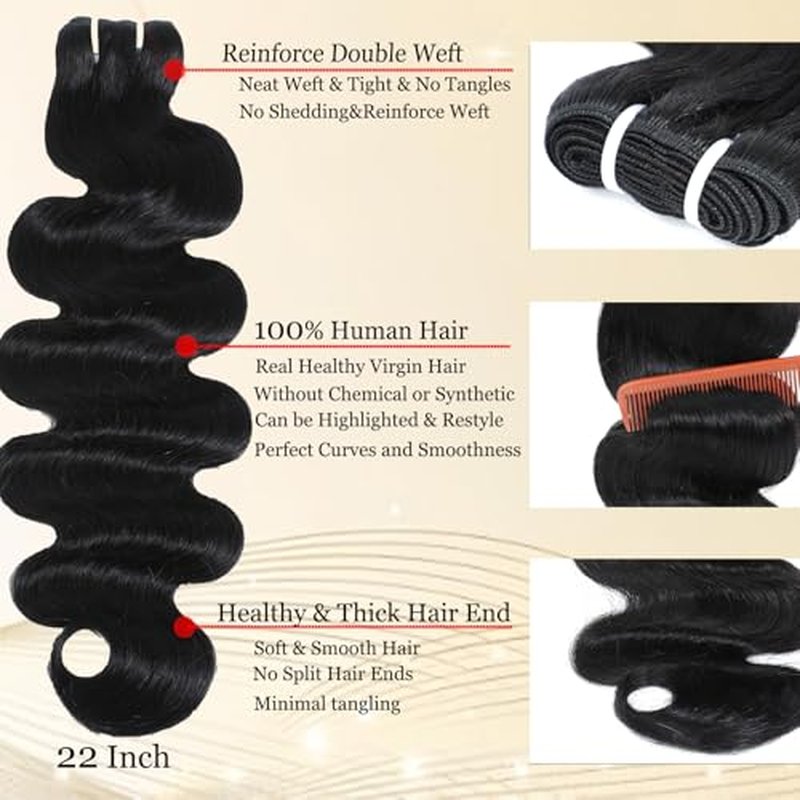Human Hair Bundles Body Wave Bundles 100% Unprocessed Brazilian Virgin Human Hair 1 Bundle 12A Quick Weave Bundles Real Raw Human Hair Extensions Natural Black£¨24 Inch£©