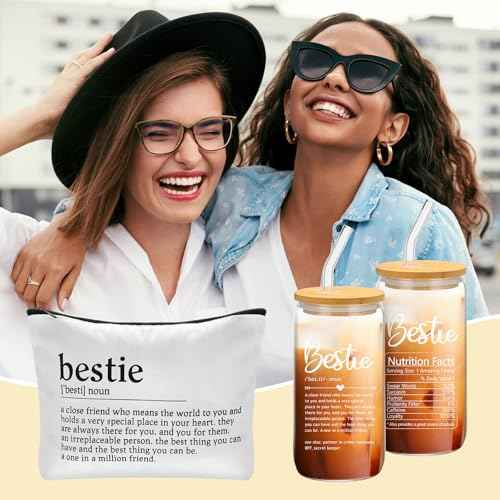 Tioncy 2 Pcs Bestie Birthday Gifts for Women BFF Friendship Gift Set Makeup Bag 17 oz Bestie Glass Cup with Lid and Straw for Women Sister