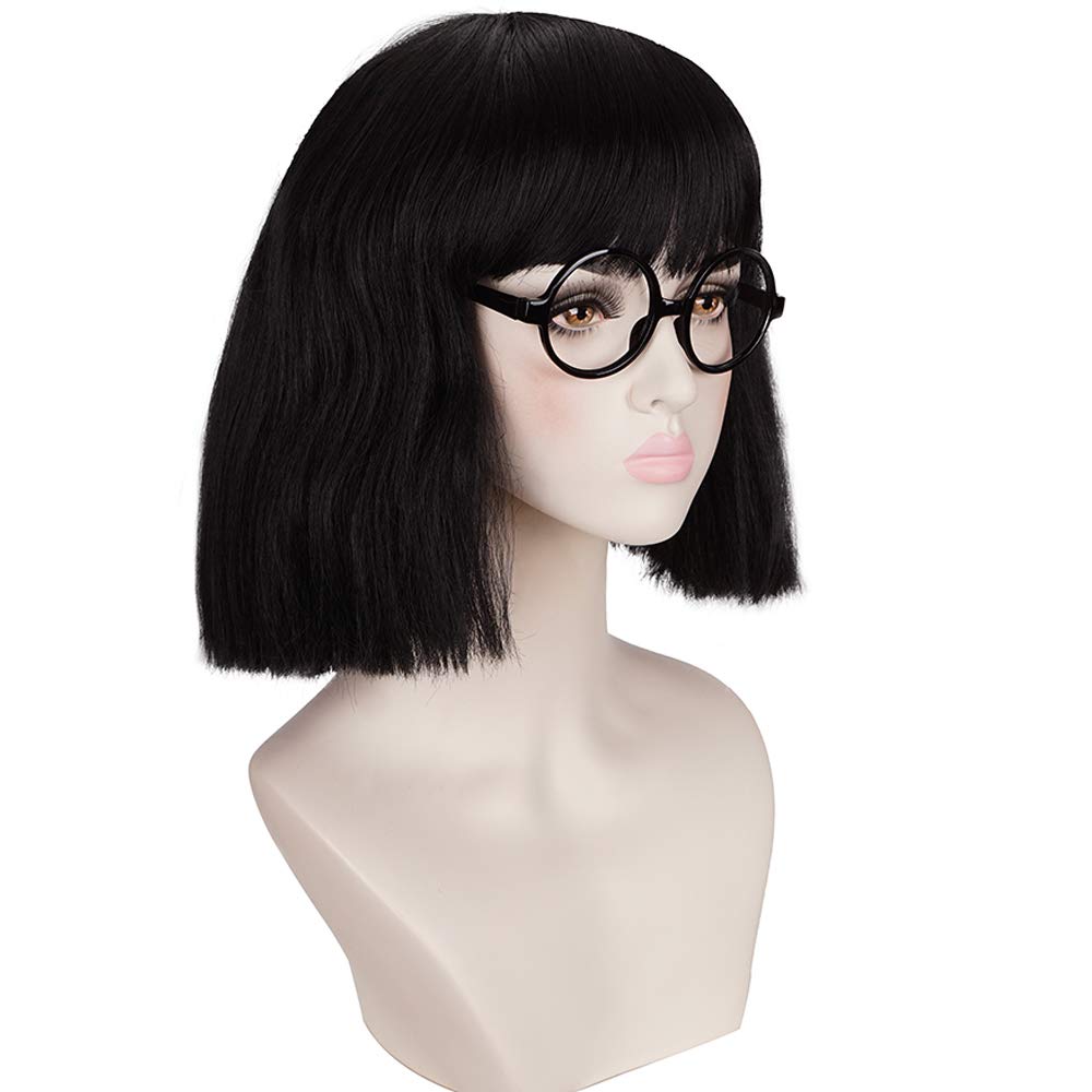 Black Medium Cosplay Wig with Cut Bangs for Women - Includes Glasses Frame
