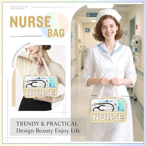Nurses Week Gifts Chenille Letter Clear NURSE Makeup Bag for Women,Preppy Nurse Cosmetic Pouch Zipper with Handle Nurse Essentials Bag for Work Supplies,Labor and Delivery Nurse Gifts(NURSE-Beige)