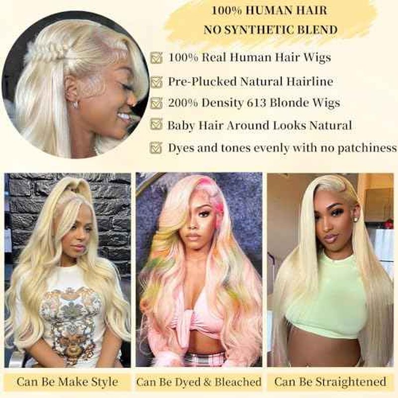 26 Inch 13x6 Lace Front Wig Human Hair 200 Density Blonde Wig Human Hair 613 HD Lace Frontal Wigs 100% Real Human Hair Easily Stained No Tangle No Shedding Longer life