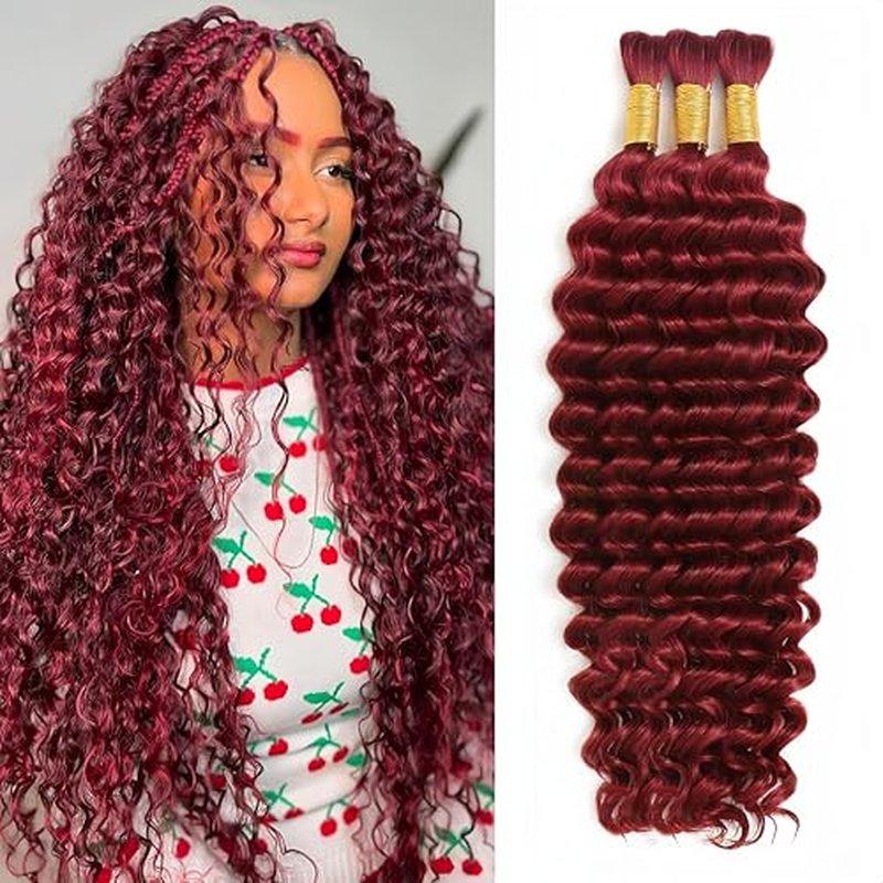 Human Braiding Hair for Boho Braids 120g 12A Deep Water Wave Bulk Human Hair Knotless Boho Braiding Curly 100% Virgin No Weft Extensions Bohemian Braids 3 Bundles/Pack Burgundy 20 Inch