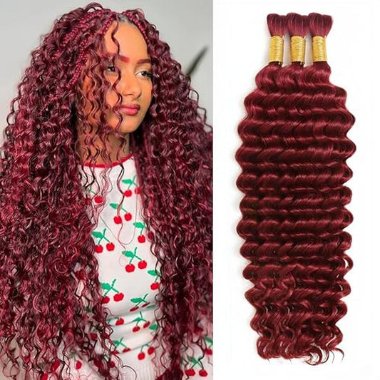 Human Braiding Hair for Boho Braids 120g 12A Deep Water Wave Bulk Human Hair Knotless Boho Braiding Curly 100% Virgin No Weft Extensions Bohemian Braids 3 Bundles/Pack Burgundy 20 Inch