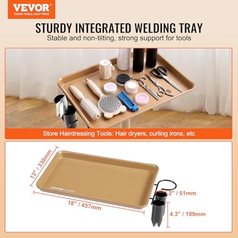 VEVOR Salon Tray Cart, 30"-43" Height Adjustable Rolling Salon Tray, Cold-Rolled Plate Tattoo Tray with 5 Wheels (2 Lockable) for SPA Barber Clinic, Gold & Black