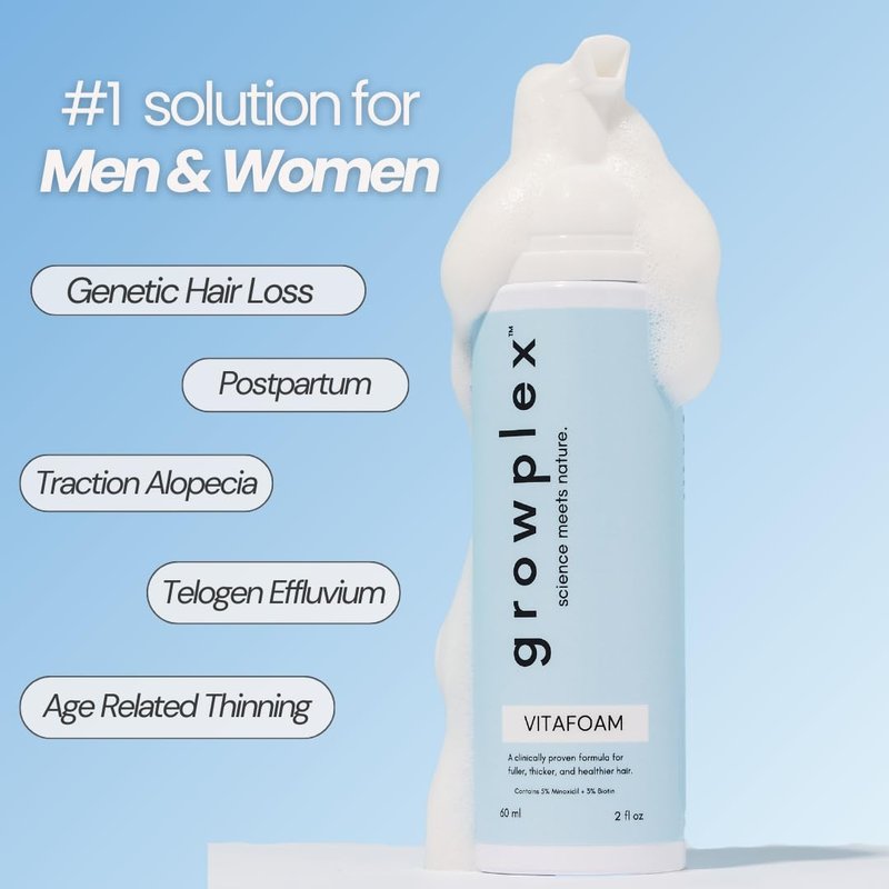 Growplex Vitafoam 5% Minoxidil Foam for Men & Women, DHT Blocking Minoxidil for Men Foam, Non-Greasy, Fast-Drying Formula for Hair Regrowth
