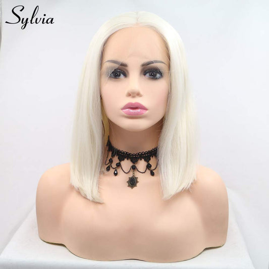 sylvia Platinum Blonde Bob Hairstyle Synthetic Lace Front Wigs Middle Parting 60# Short Straight Heat Resistant Fiber Hair…