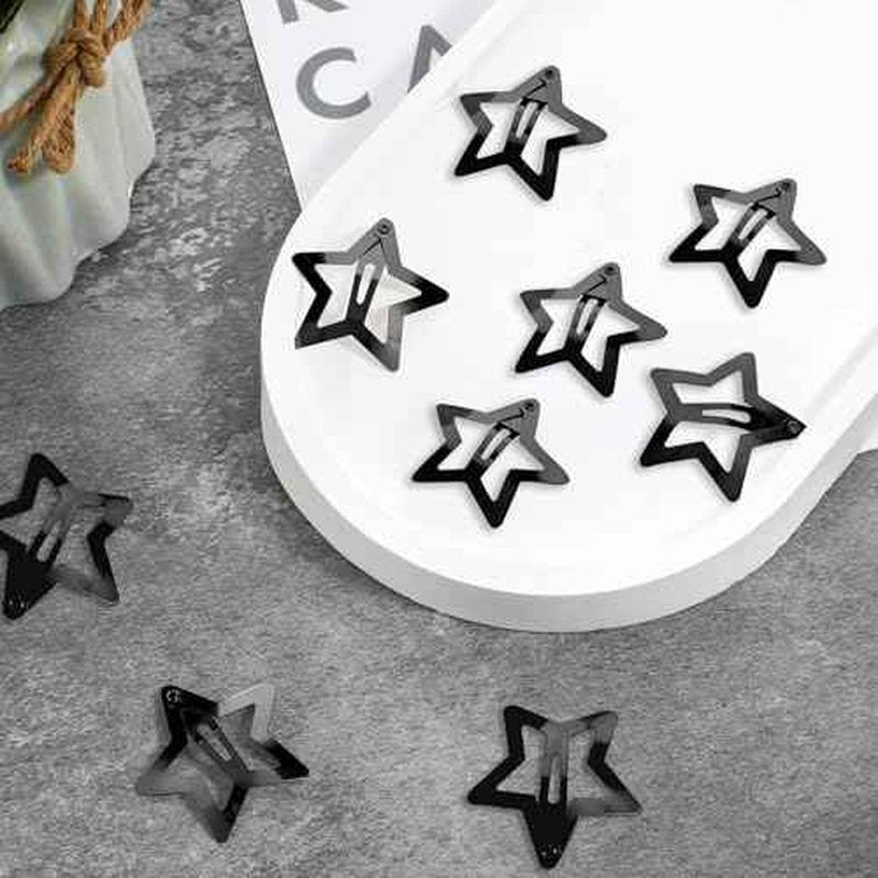 12PCS Metal Star Snap Hair Clips, 1.6 Inches Star Hair Clips for Kids Girls and Women, Silver/Gold/Black Star Snap Hair Barrettes, Non-Slip 2000s Y2K Star Cute Snap Hair Accessories(Black)