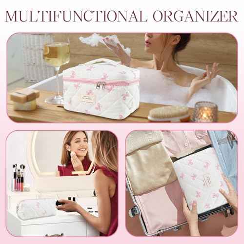 Makeup Bag, 3 PCS Quilted Makeup Bag, Cute Floral Cotton Cosmetic Bag set, Coquette Makeup Pouch Large Travel Toiletry Bag