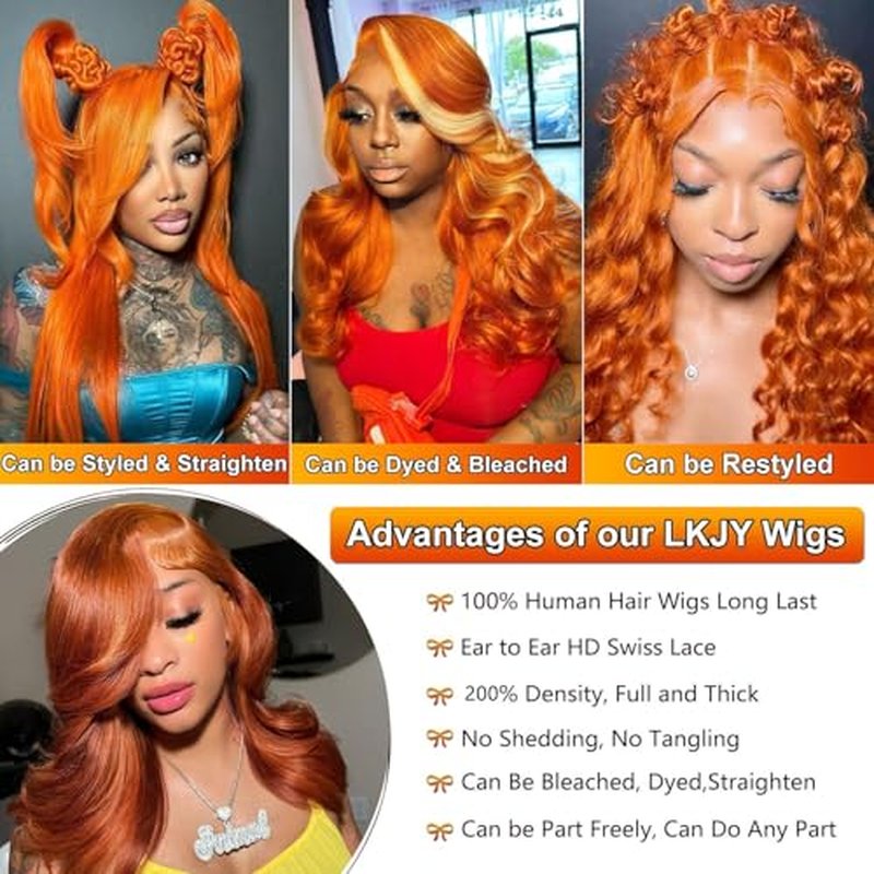20 Inch Ginger Orange 13x6 Body Wave Lace Front Wigs Human Hair 200% Density Glueless HD Transparent Lace Frontal Wigs Human Hair Pre Plucked With Baby Hair Ginger For Women