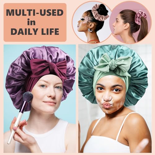 Satin Bonnet for Sleeping Women,Double Layer Hair Bonnet for Sleeping with Tie Band for Curly Hair Braids Long Hair Green