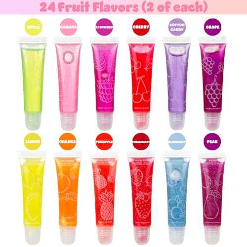 Expressions 24pc Lip Gloss Set, Flavored Lipgloss Squeeze Tubes with Carrying Case, Lip Gloss Set Value Pack, Assorted Fruit Flavored Lip Glosses, Kid-Friendly Non Toxic Makeup