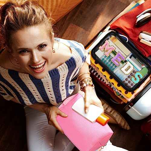 Geetery Chenille Letter Bag Nylon Portable Makeup Cases Preppy Patch with Zipper Cosmetic Toiletry Storage Bag for Women(Black,Original MEDS)