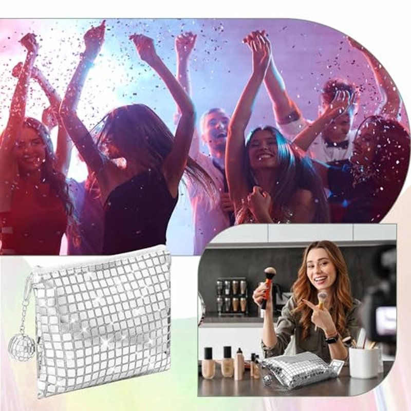 20 Pack Disco Cosmetic Bags Portable Glitter Sequin Mirror Makeup Organizer with Zipper, Suit for Bachelorette, New Years Eve, 70s, 80s, 90s Disco Party Favors (Silver)