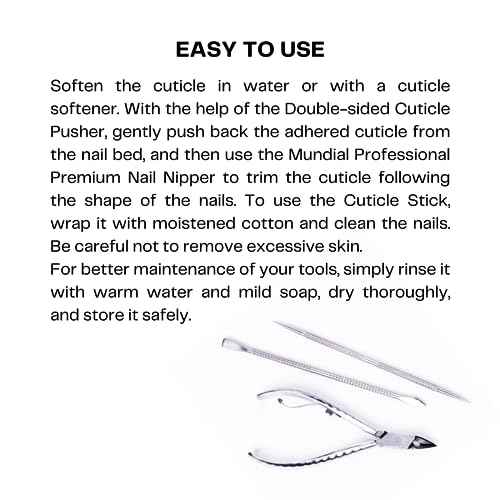 Mundial Nail Care 3 Piece Set - Professional Stainless Steel Cuticle Nippers with Double Nail Spatula and Pusher, Manicure, and Pedicure Trimmer Kit