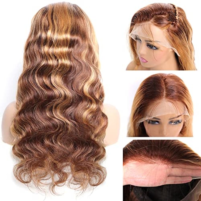 13x4 Highlight Ombre Lace Front Wig Human Hair Pre Plucked 4/27 Honey Blonde HD Transparent Colored Lace Frontal Wigs For Women with Baby Hair 200% Density Body Wave Lace Front Wig (16 Inch)