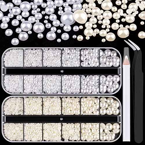 2700 Pcs Flat Back Pearls Kits, 1 Box of Flatback White+1 Box of Beige Small Half Round Pearls with Pickup Pencil and Tweezer for Nail Art Face Makeup Graduation Cap Decorations DIY and Craft