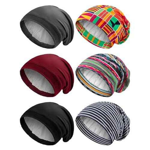 Sintege 6 Pcs Satin Lined Bonnet Sleep Cap for Women Men African Silk Soft Beanie Hair Sleep Wrap for Natural Curly Braids(Exquisite Patterns)