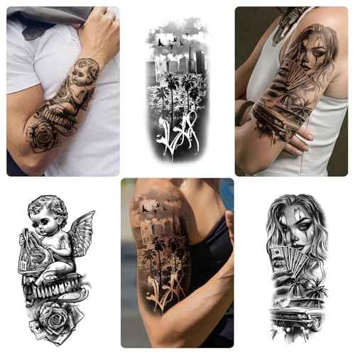 46 Large Chicano Temporary Tattoo for Men Women, Full Arm Day of the Dead Gangster Prisoner Fake Tattoos Mexico Cholas Lowriders Clown Tattoos, Tiny Cosplay Body Tattoos Stickers Realistic Adult Kid