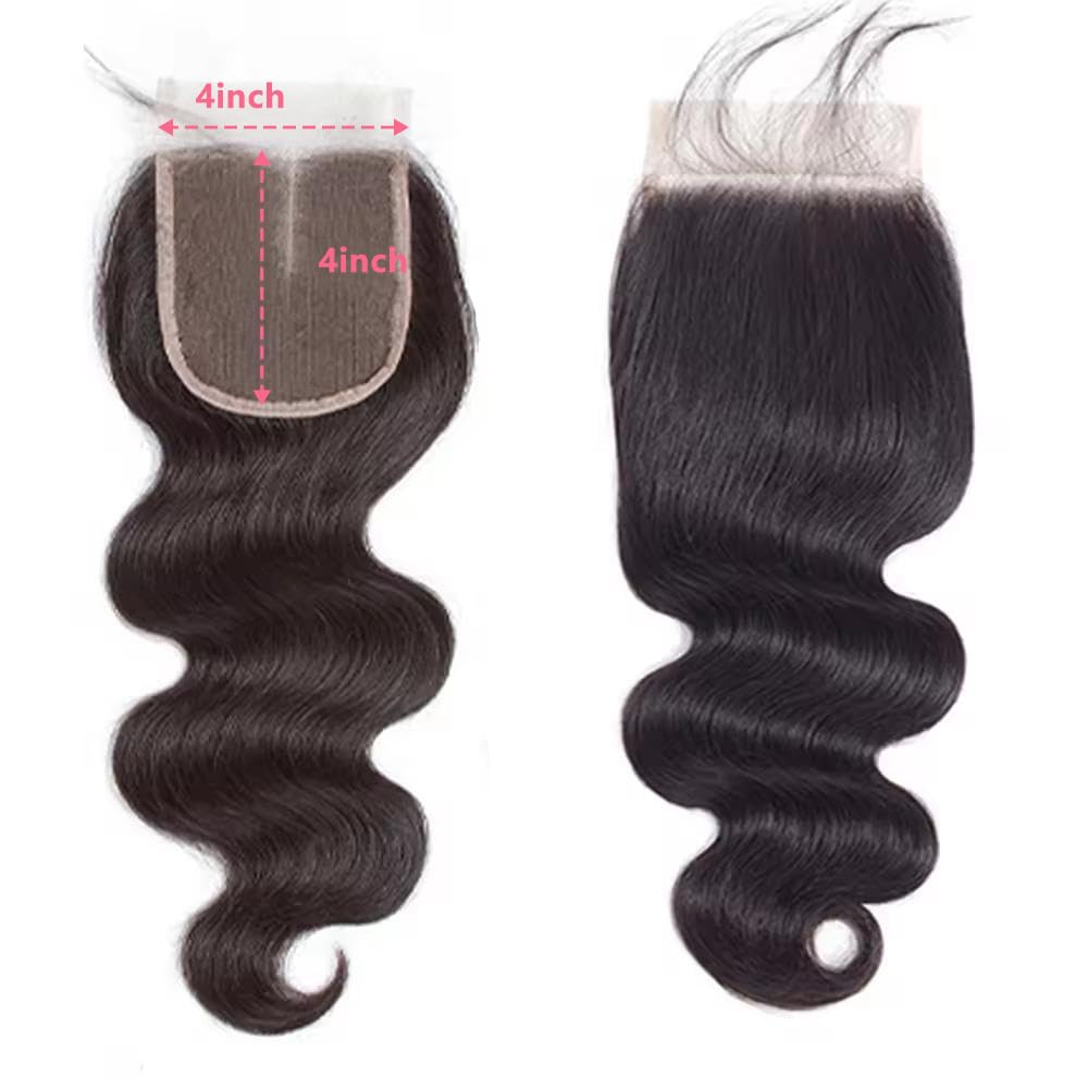 4x4 Lace Closure Human Hair Body Wave HD Lace Closure 20 Inch Free Part 100% Unprocessed Brazilian Virgin Human Hair Extensions for Women 150% Density Pre Plucked with Baby Hair Natural Black Color