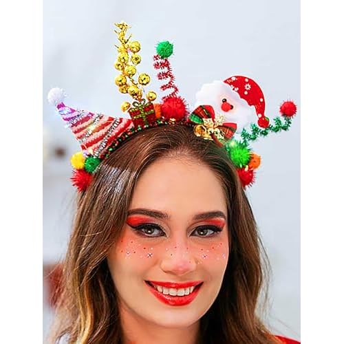 Woeoe Led Christmas Headband Santa hat Hair Hoop Bells Cute Christmas Costume Snowman Headpieces Light Up Headpiece