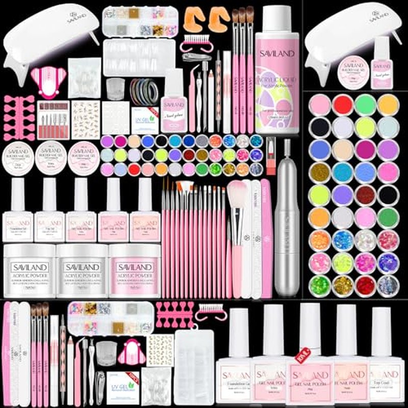 Saviland Acrylic Nail Kit with Drill ? Nail Kit Acrylic Set for Nails Extension with Brush Gel Polish Builder Nail Gel Portable U V Light for Home DIY