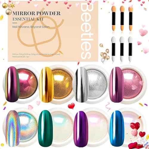 Beetles Chrome Nail Powder Gold Silver Mirror Effect 8 Colors Holographic Aurora Iridescent Pearlescent Manicure Nail Art Decoration Glitter Cromer Nail Powder for Nails 1g/Jar Gift for Women