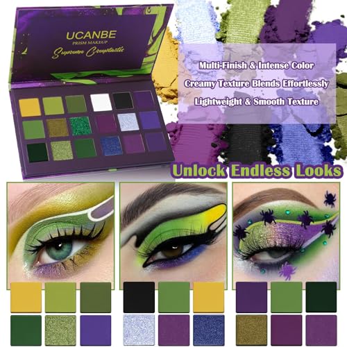 Green Purple Goth Eyeshadow Palette Makeup- 18 Colors Matte Shimmer Metallic Bright & Dark Smoky Gothic Eye Shadows for Halloween Christmas Grinch Witch Beetle-juice Ursula SFX Cosplay Costume Make Up