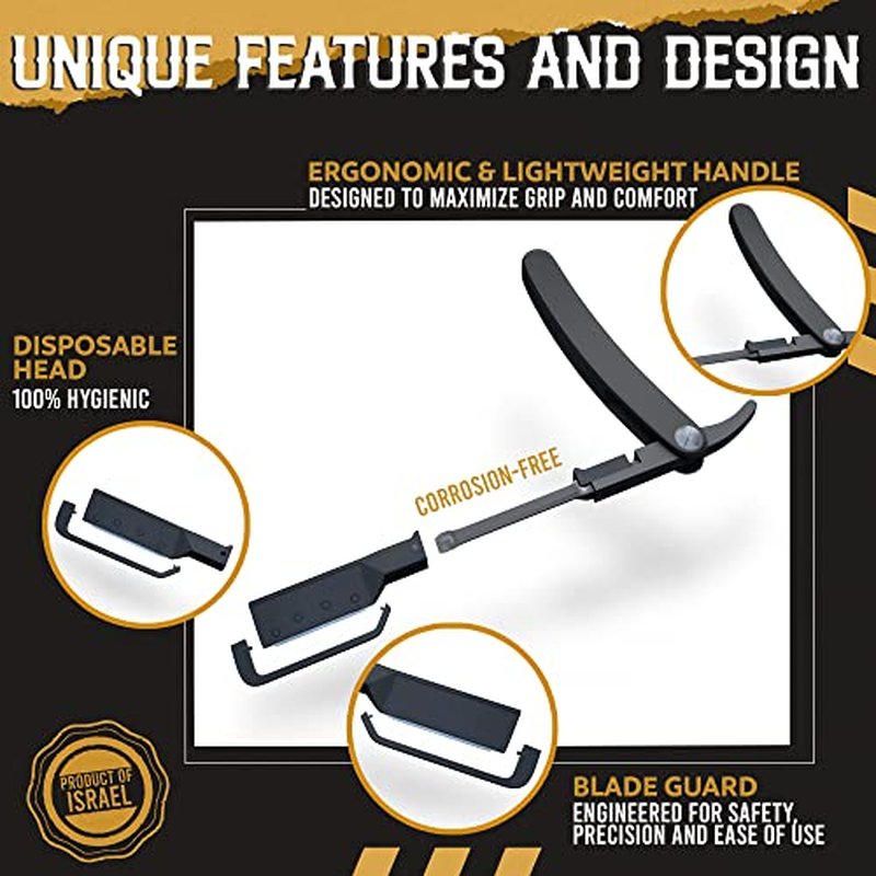 Patented Straight Edge Razors for Men, Close Shaving Razor for Beard with 10+1 Disposable Blade Heads, Easy to Use and Replace Single Edge Razor Blades, Professional and Home Use (Black)