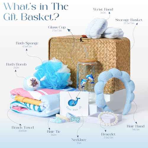 Golray Birthday Gifts for Women, Self Care Spa Gift Set for Women with Beach Towel, Glass Cup, Bath Bombs & Hair Accessories, Christmas Blue Gift Basket for Her, Girlfriend, Sister, Mom, Friends