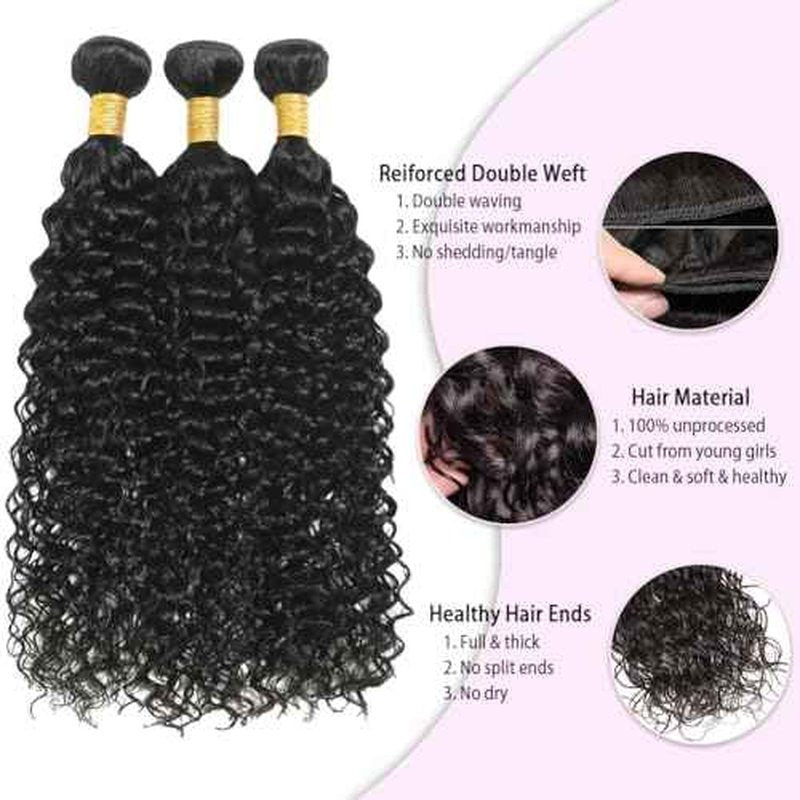 Water Wave Bundles Human Hair (10 12 14 Inch) 100% Unprocessed Brazilian Virgin Human Hair Curly Bundle For Black Women Wet and Wavy Double Weft 3 Bundles Natural Black