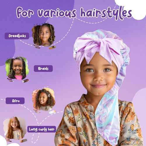 Lolalet Kids Bonnets for Girls, Long Silk Bonnet for Sleeping Kids Satin Bonnet Cap with Tie Band for Dreadlocks Braid Afro Curly Hair -1 PC, Laser