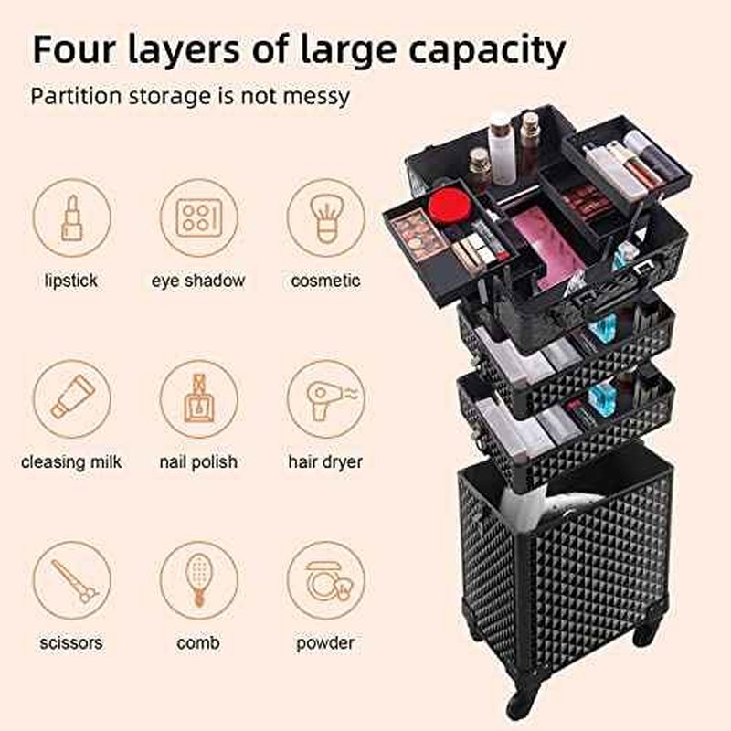 Rolling Makeup Case 4 in 1,Professional Makeup Train Case organizers,Large Storage Cosmetic case Trolley,Makeup Travel Case for Salon Barber Bright Black