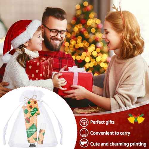 Loopeer 12 Sets/48 Pcs Christmas Hand Cream and Lip Balm Gift Set for Women Bulk Mini Hand Lotion Travel Size for Dry Skin Stocking Stuffers with Greeting Card Organza Bags for Coworker Employee