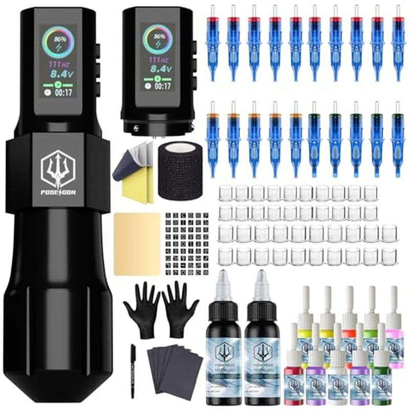 POSEIDON Tattoo Gun Kit - Machine Kit with 2 Batteries Tattoo Pen Kit with Digital LED Display 20Pcs Tattoo Needles Cartridge 12pcs Inks Tattoo Machine Kit Tattoo Supplies for Beginner
